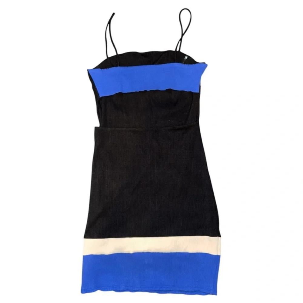 Black Strap Mini Dress with Blue & Cream Hem - Picture 4 of 12